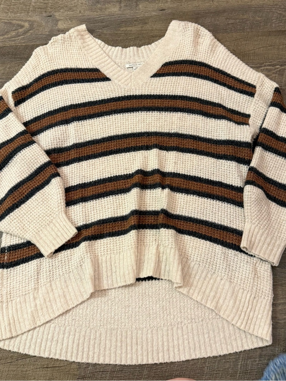 American Eagle Outfitters Cream V-Neck Sweater with Brown & Black Stripes